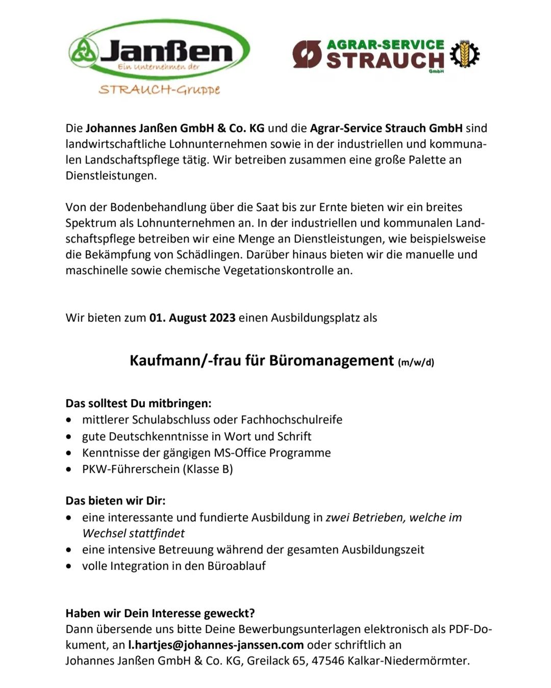 Hast du schon Pläne für diesen Sommer?
Das letzte Schulhalbjahr steht an…
…und wir suchen für unser Team Verstärkung!
Wir bieten dir eine umfangreiche Ausbildung in einem landwirtschaftlichen Lohnunternehmen sowie in einem industriellen und kommunalen Betrieb, bei dem es jeden Tag etwas zu tun gibt.
Wir freuen uns auf deine aussagekräftige, schriftliche Bewerbung mit Lebenslauf.
Wenn du Fragen hast, ruf uns einfach an oder schreib uns eine E-Mail.
Wir freuen uns auf dich!
#2023kannkommen #ausbildung2023 #agrarservicestrauch #losgehts #kommunalbetrieb #ausbildung #kauffraufürbüromanagement #kaufmanmfürbüromanagement #wirliebenlandwirtschaft #johannesjanssengmbh #isselburg #rees #niedermörmter #kreisborken #kreiskleve #strauchgmbh #strauchgruppe #landwirtschaft #lohnunternehmen #august2023